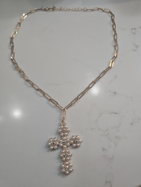 Jewelry - Gold-Tone Pearl Cluster Cross Necklace